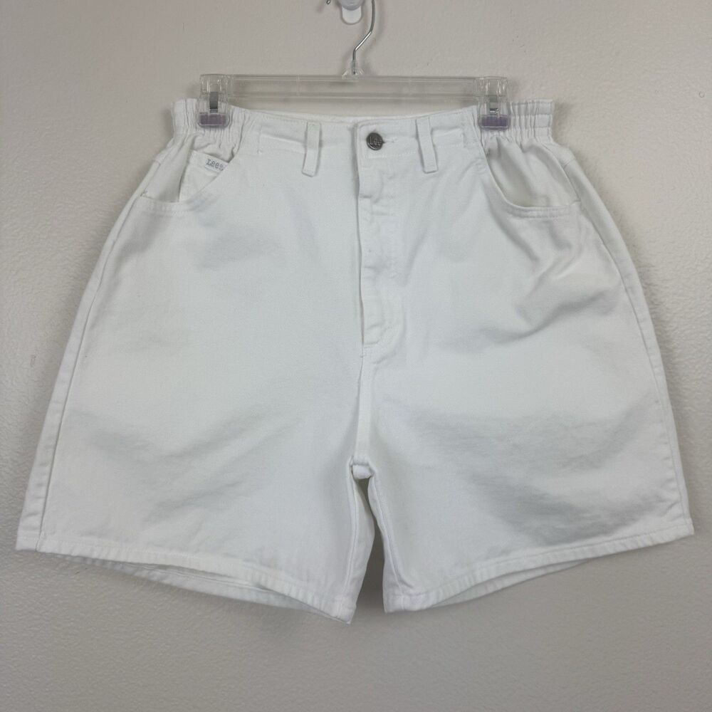 Vintage 90s Lee High Rise Denim Mom Shorts Elastic Waist White 14 Petite